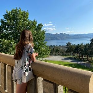 Blue and white striped/floral romper